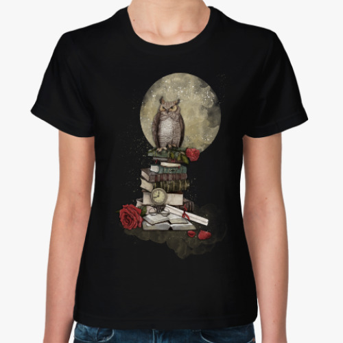 Женская футболка Мудрая сова и книги