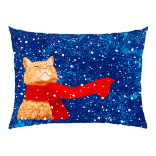 Подушка с принтом Новогодний котик в снегу