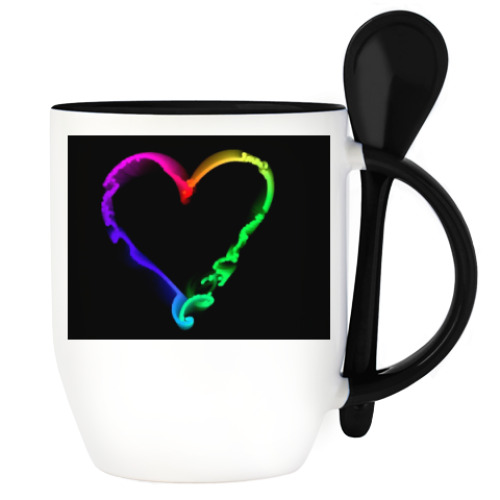 Кружка с ложкой с принтом  Радужное сердце
