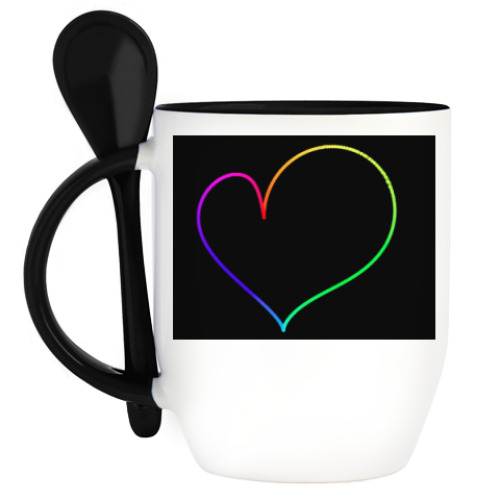 Кружка с ложкой с принтом  Радужное сердце