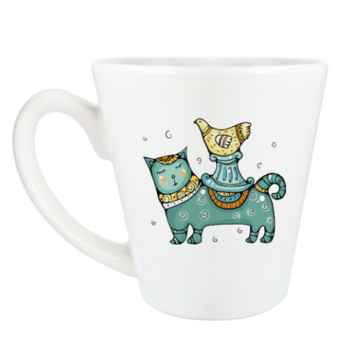 Чашка Латте с принтом Кот и птичка