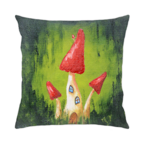 Подушка с принтом Грибные домики