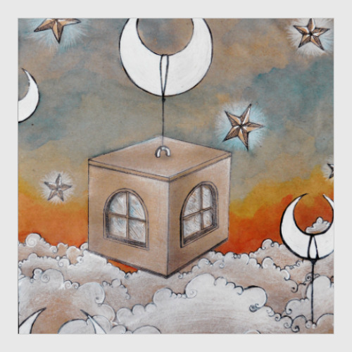 Постер Дом над небом, звезды, месяц, облака