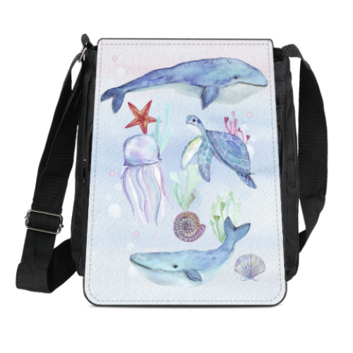 Сумка-планшет с принтом Акварельный подводный мир