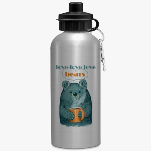 Бутылка с карабином (500 мл) с принтом Медведь с кружкой