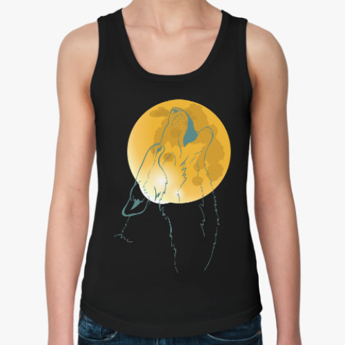 Женская майка с принтом Волк воющий на луну