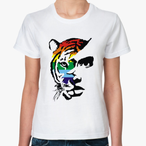 Классическая футболка с принтом Радужный тигр