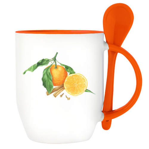 Кружка с ложкой с принтом Яркие мандарины со специями