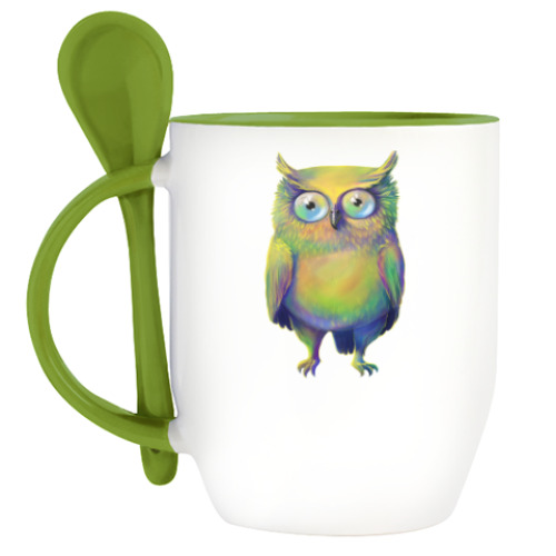 Кружка с ложкой с принтом Разноцветная сова