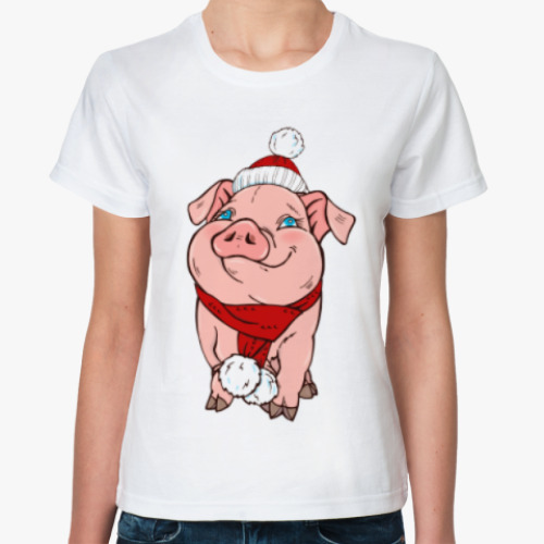 Классическая футболка Новогодняя свинка в шапочке
