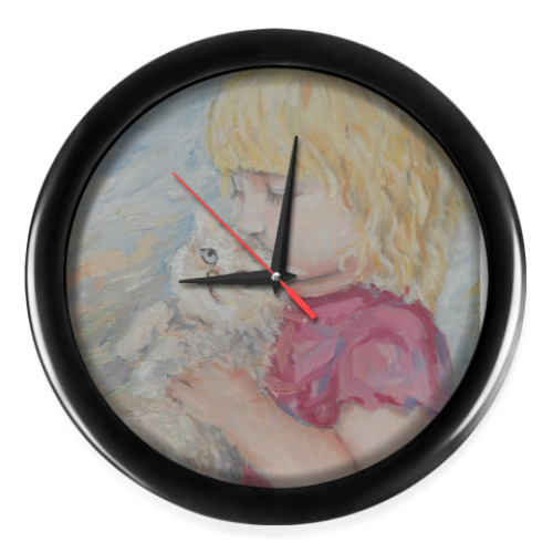 Настенные часы с принтом Девочка с котенком