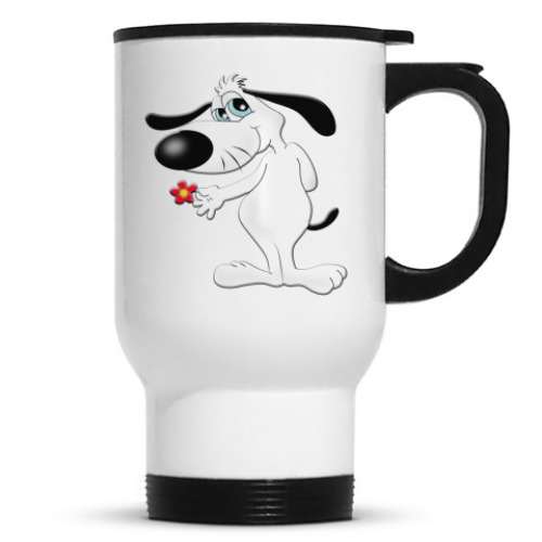 Кружка-термос с принтом Собачка с цветком