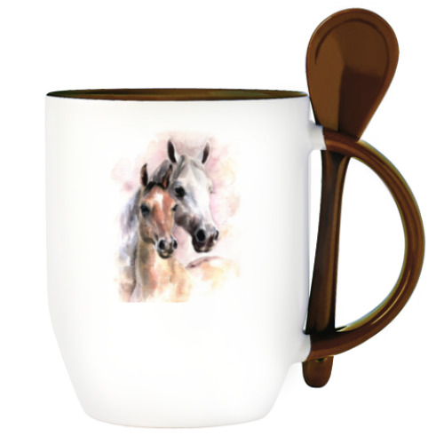 Кружка с ложкой с принтом Лошади