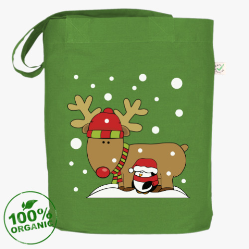 Сумка шоппер с принтом Новогодний олень и пингвин