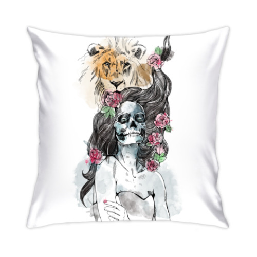 Подушка с принтом Девушка-Лев-Череп