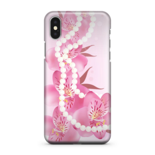 Чехол для iPhone X цветы и жемчужные бусы