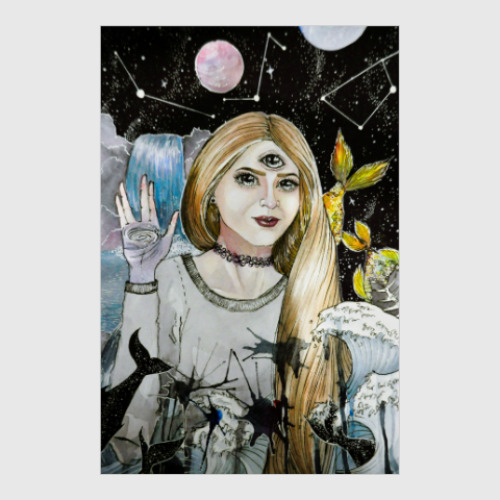 Постер Сюрреалистичный портрет, космос, планеты, звезды