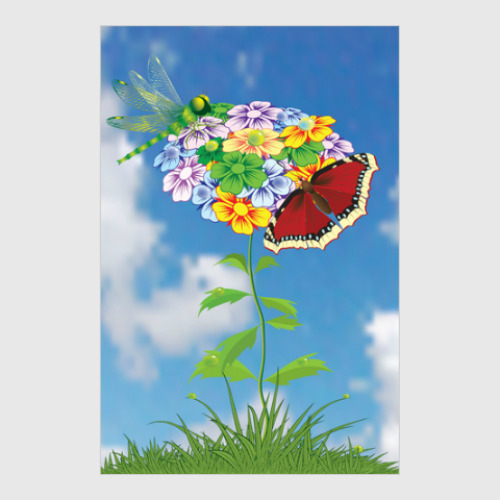 Постер Стрекоза и бабочка на цветке.
