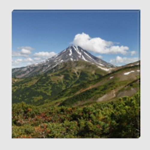 Холст Пейзаж полуострова Камчатка: лето, вулкан и горы
