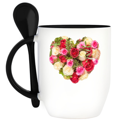 Кружка с ложкой с принтом Сердце из роз