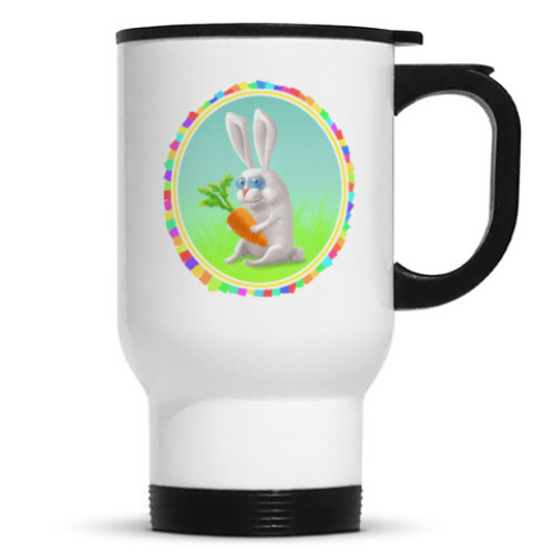 Кружка-термос с принтом Позитивный заяц с морковью