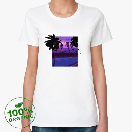 Женская футболка из органик-хлопка Ретровейв, пальмы, дорога, закат, отдых, птицы