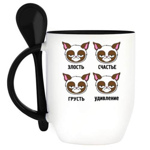 Кружка с ложкой с принтом Эмоции грустного кота