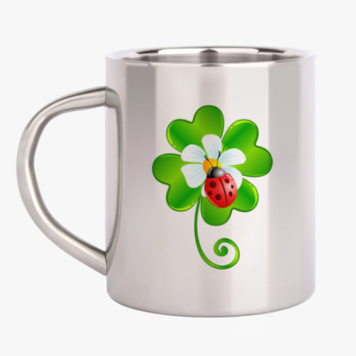Кружка металлическая с принтом Божья коровка и клевер