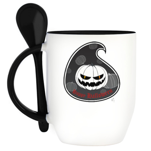 Кружка с ложкой с принтом Happy Halloween