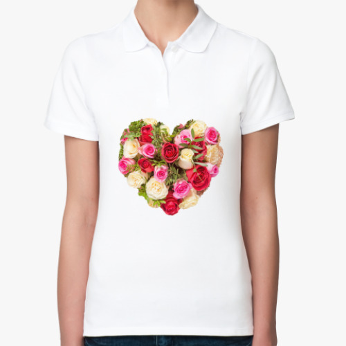 Женская рубашка поло (печать) с принтом Сердце из роз