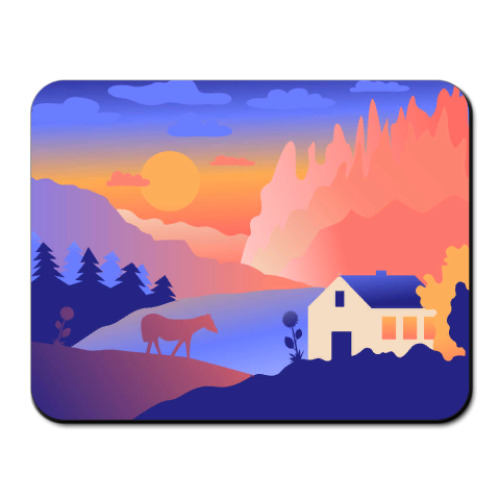 Коврик для мыши с принтом Лошадь и вечерний пейзаж в горах