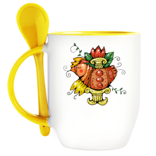 Кружка с ложкой с принтом Птица-Цветы