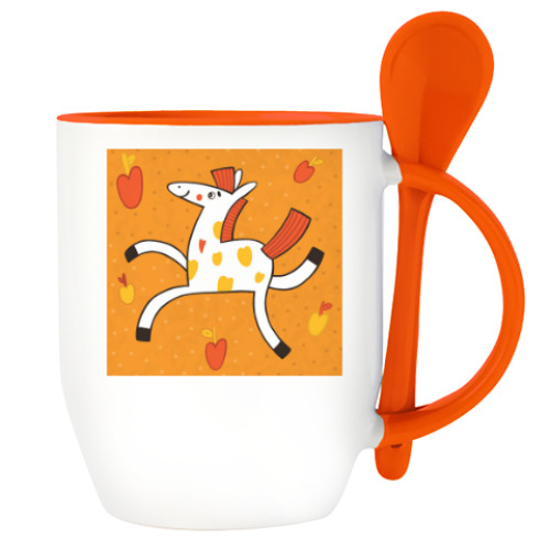 Кружка с ложкой с принтом Веселая лошадка