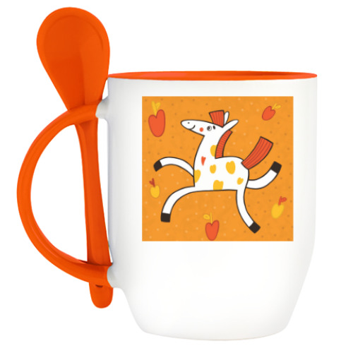 Кружка с ложкой с принтом Веселая лошадка