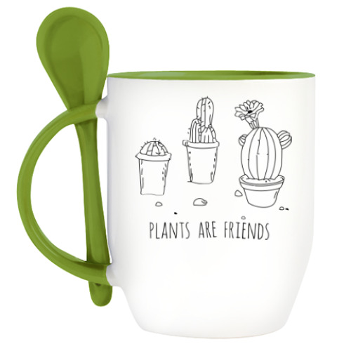 Кружка с ложкой с принтом Plants are friends