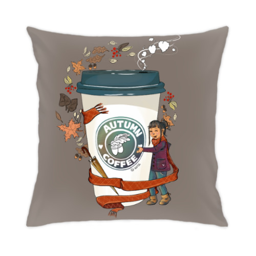 Подушка с принтом Кофе осенью