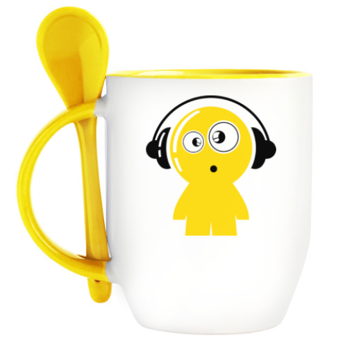 Кружка с ложкой с принтом Чудик с наушниками