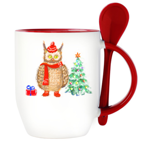 Кружка с ложкой Сова новогодняя