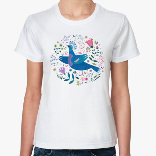Классическая футболка Венценосный голубь среди цветов