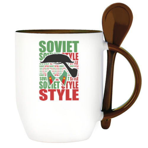 Кружка с ложкой с принтом Soviet Style. Усы. Трубка. Сталин.