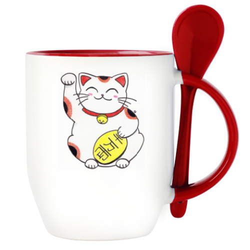 Кружка с ложкой с принтом Манэки-нэко