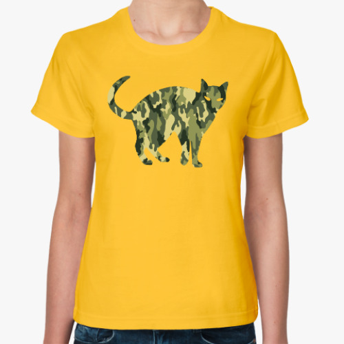 Женская футболка Кот цвета хаки (military cat) на 23 февраля