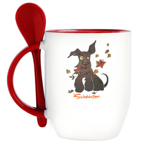 Кружка с ложкой с принтом Осенний шнауцер