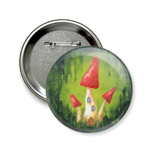 Значок 58мм с принтом Грибные домики