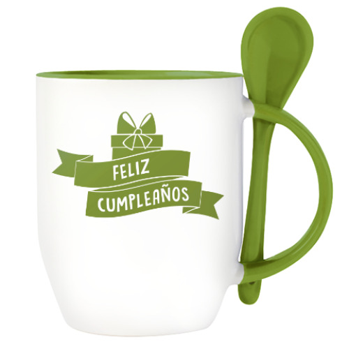 Кружка с ложкой с принтом Feliz cumpleaños