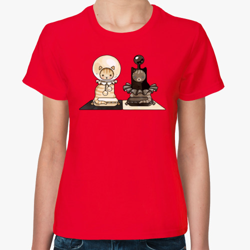 Женская футболка с принтом  Черный кот, белая кошка. Шахматные фигуры.