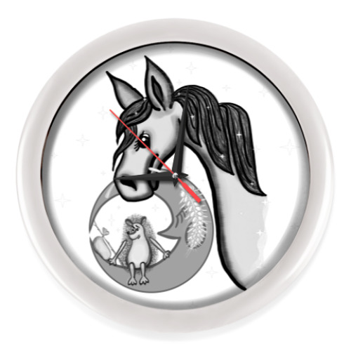 Настенные часы с принтом Ежик на луне и лошадка в туман