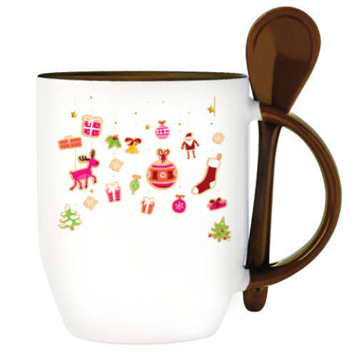 Кружка с ложкой с принтом Новогодние печеньки