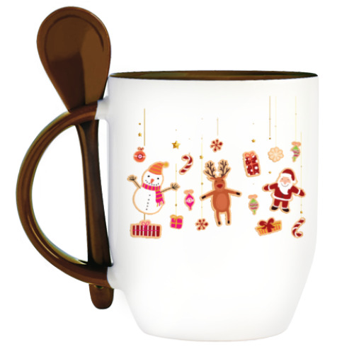 Кружка с ложкой с принтом Новогодние печеньки