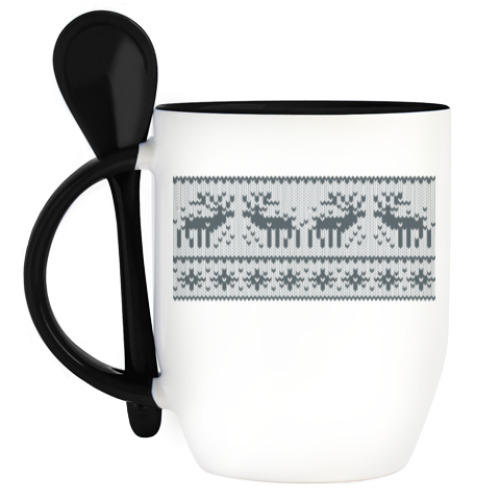 Кружка с ложкой с принтом свитер с оленями